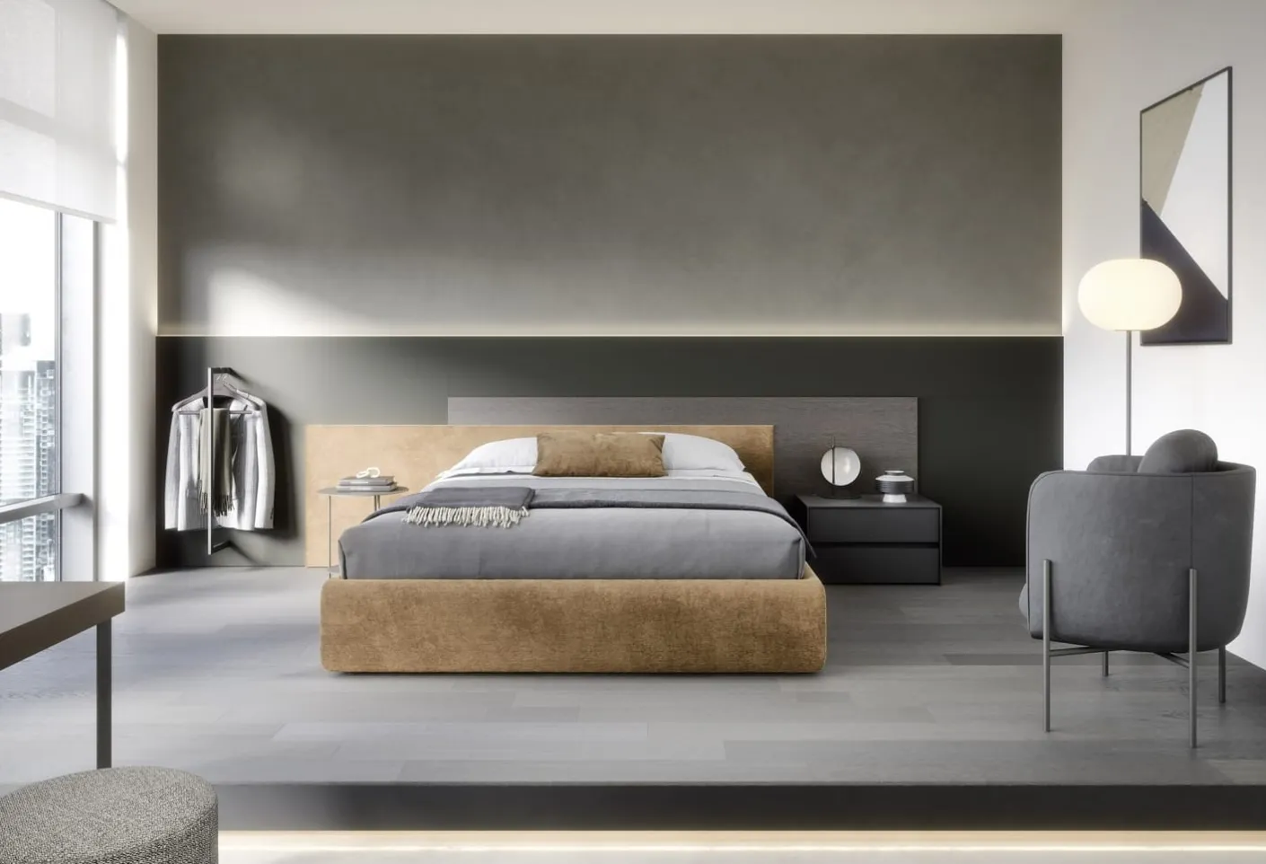 Letto con contenitore Testiera Time in tessuto imbottito e legno di Novamobili