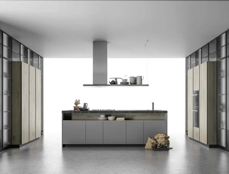 Cucina Design Aspen in Rovere nodato e Vetro grigio di Doimo Cucine