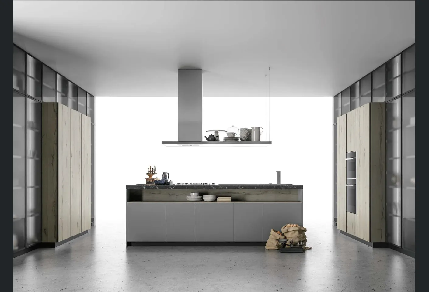 Cucina Design Aspen in Rovere nodato e Vetro grigio di Doimo Cucine