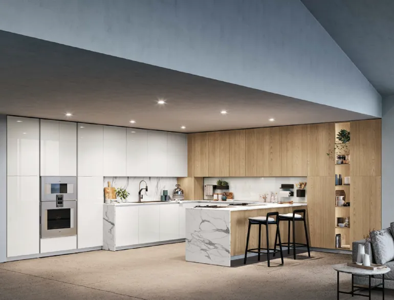 Cucina Moderna con penisola D23 Bianco e Rovere di Doimo Cucine