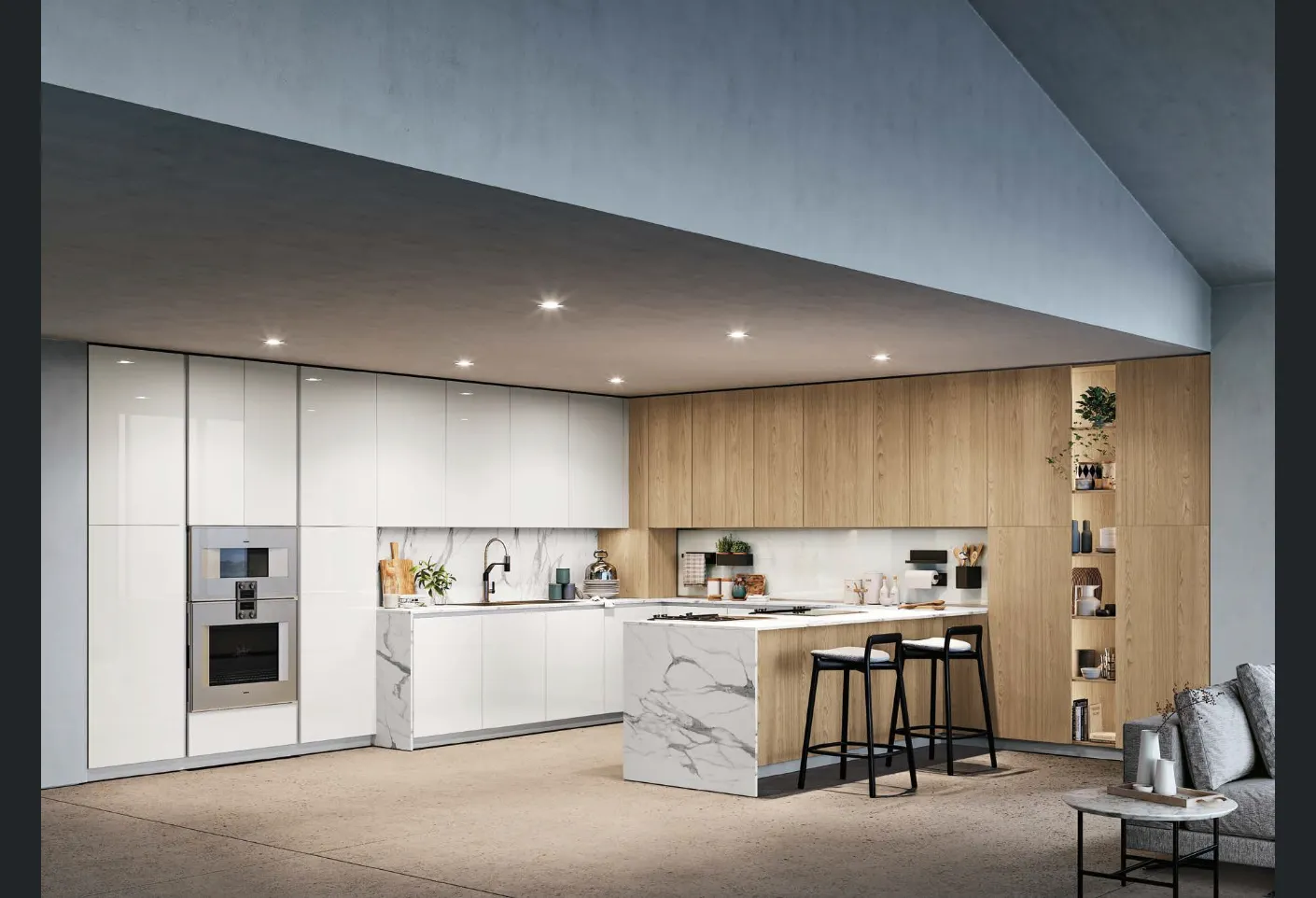 Cucina Moderna con penisola D23 Bianco e Rovere di Doimo Cucine